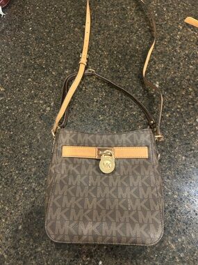 Michael Kors Brown and Tan MK Signature Crossbody with Gold Accent